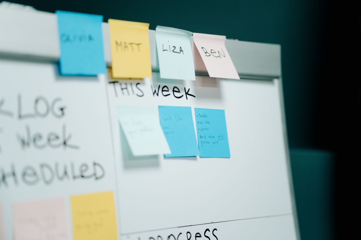 A whiteboard with the week's backlog on sticky notes